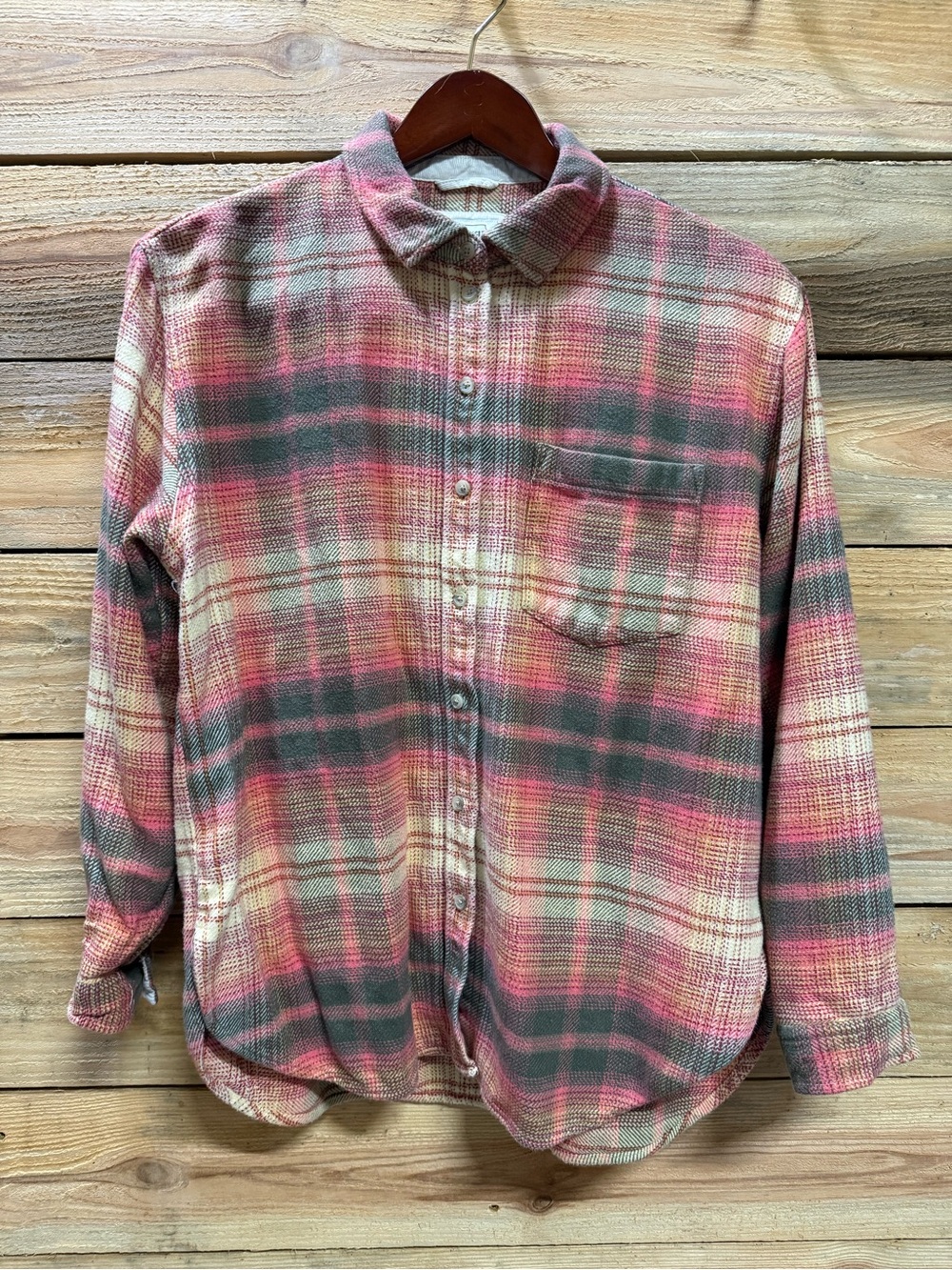 American Eagle Outfitters Pink and Green Plaid Button-Down Shirt, Women’s Med